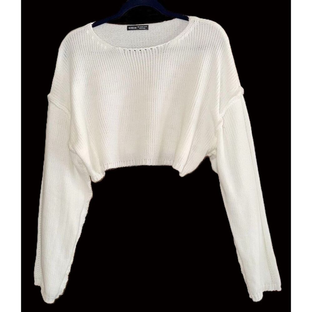 SHEIN womens L 8/10 cropped white long sleeve sweater top crop shirt slouchy